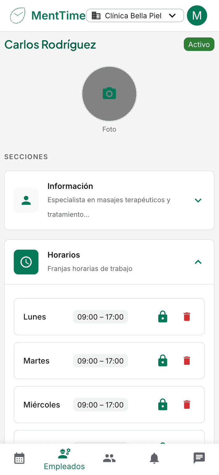MentTime — vista móvil del calendario
